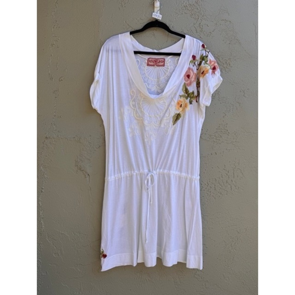 Johnny Was White Floral Embroidered Drawstring Mini Dress MEDIUM Boho Resortwear